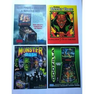 (4) Pinball FLYERS Monster Bash Godzilla Devils Dare Frankenstein Horror Sci Fi